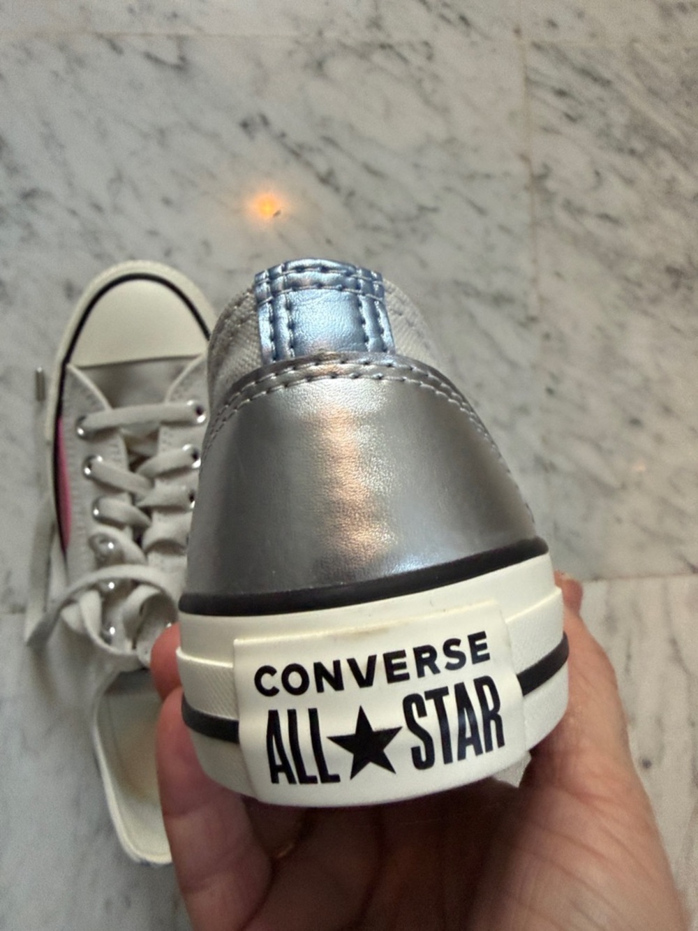 Converse NWOT 7 1/2  pale grey Low-Top Canvas Sneakers with Pink metallic accent - Picture 3 of 5